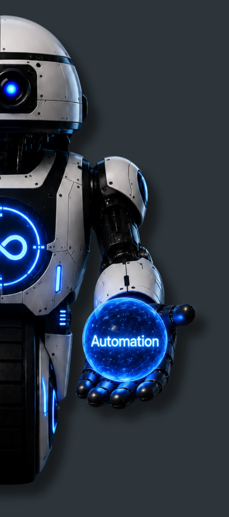 Ailgorith AI robot holding a glowing orb representing AI automation