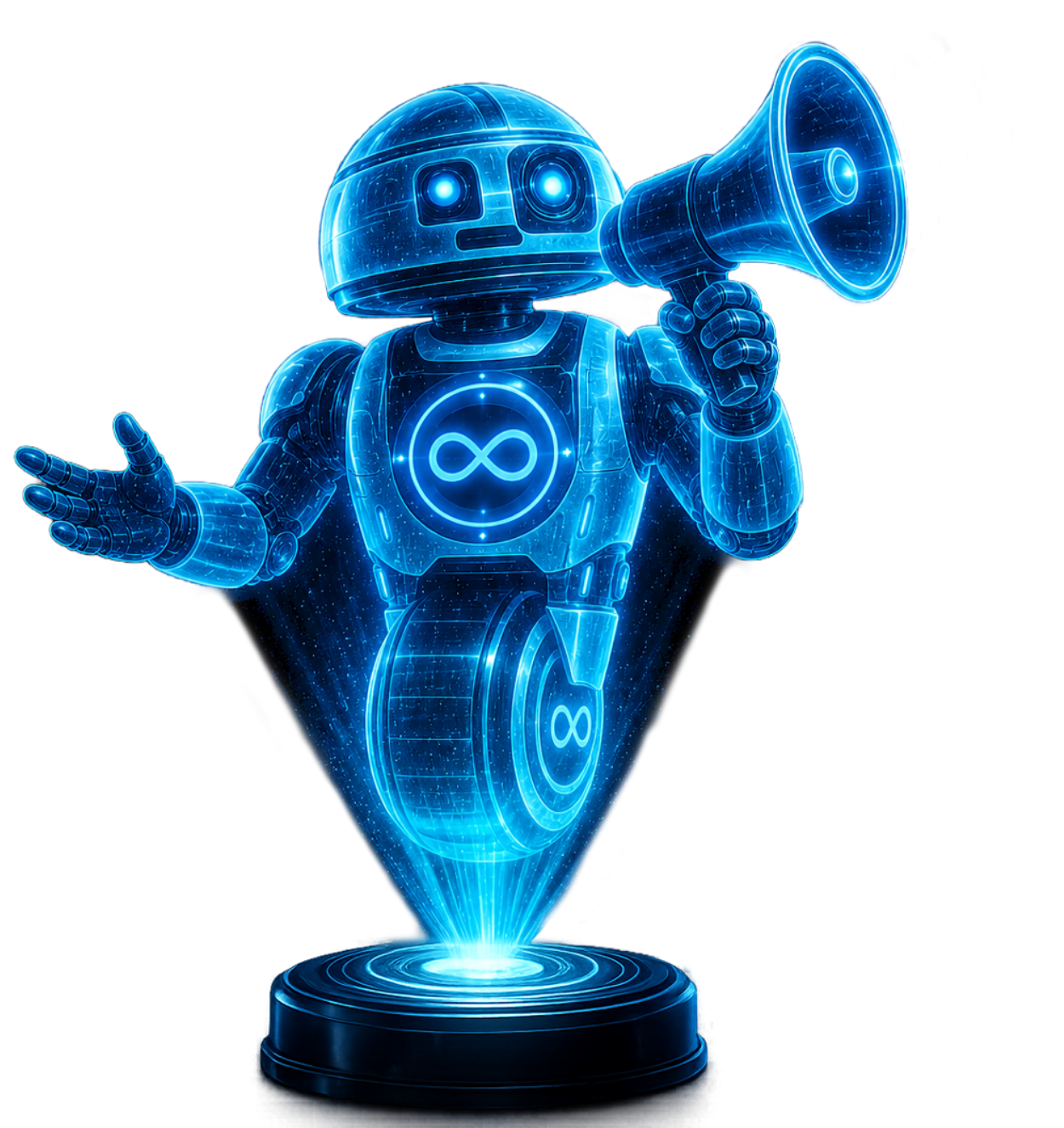 AI robot holding a megaphone inviting readers to explore more AI tools automation guides and business growth articles