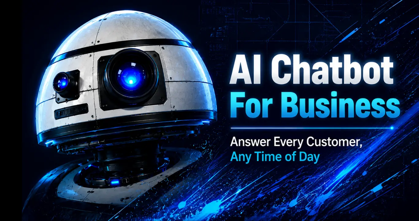 AI Chatbot for Business hero image showing a robot assistant answering customer queries