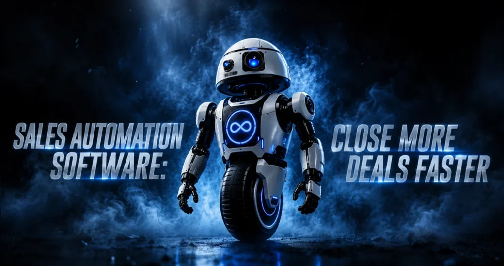 Sales automation software hero image showing an AI robot helping teams close deals faster
