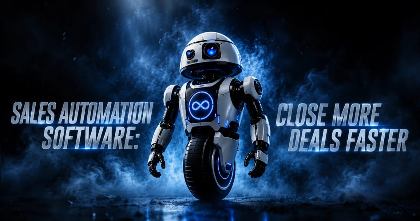 Sales automation software hero image showing an AI robot helping teams close deals faster