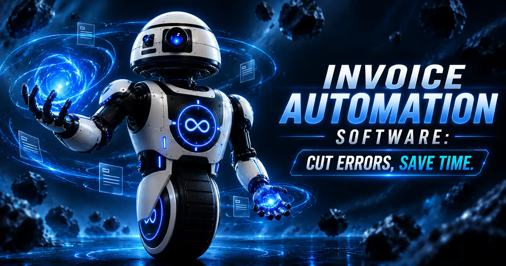 Invoice automation software hero image showing an AI robot processing invoices to cut errors and save time