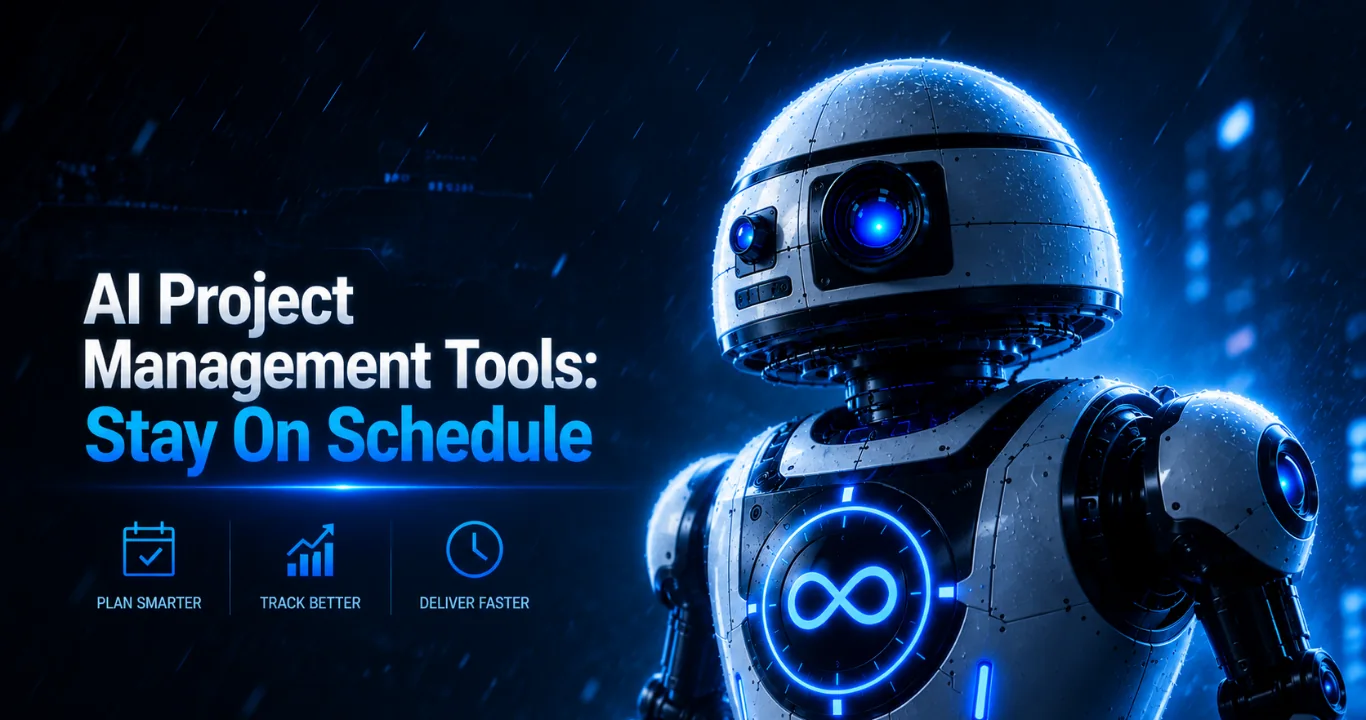 AI project management tools hero image showing an AI robot helping teams stay on schedule