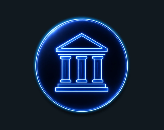 Blue neon financial services firm icon featuring a classical bank building inside a glowing circular badge on a dark background.