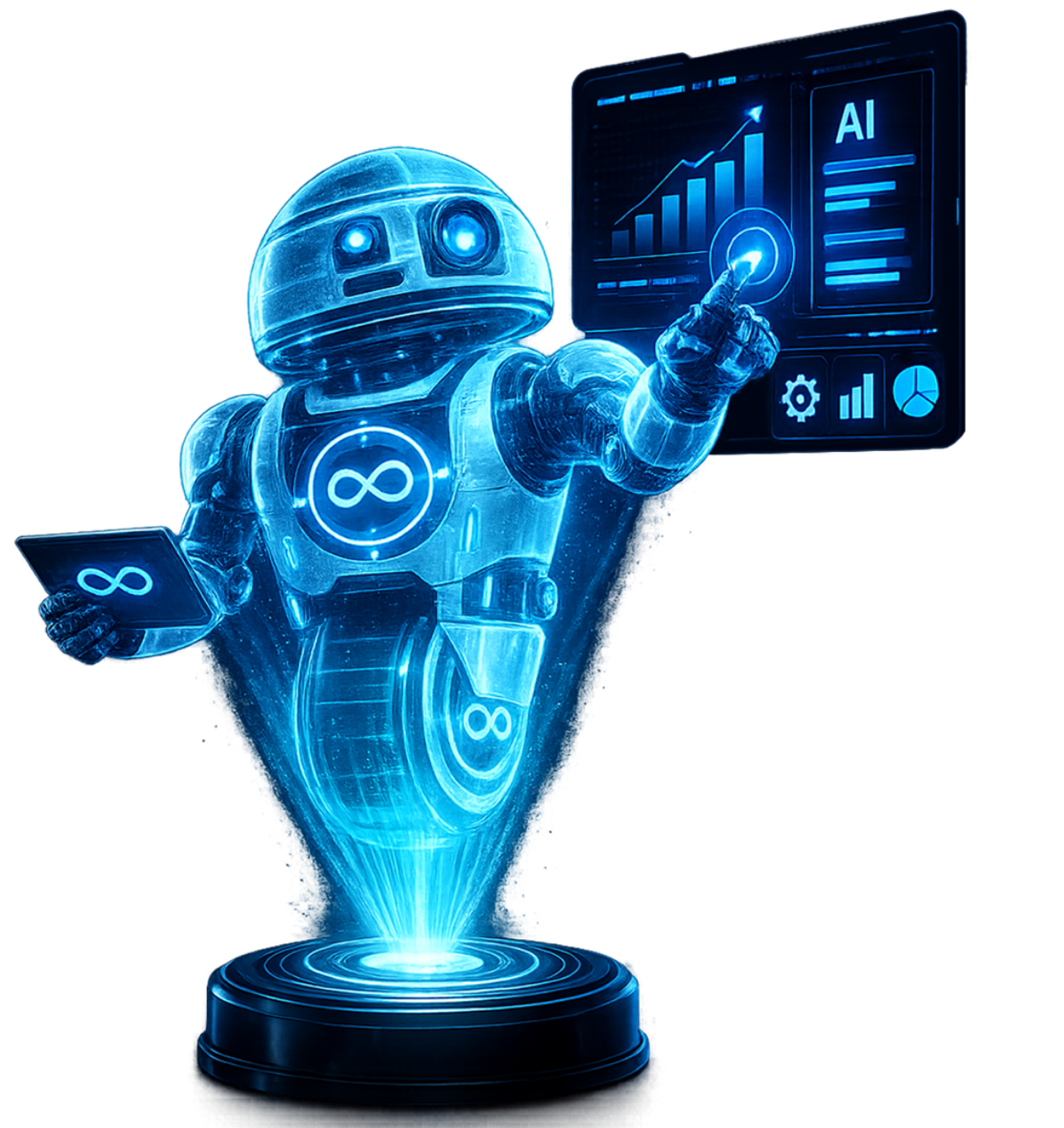 AI robot guiding visitors toward AI automation solutions business growth services and intelligent workflow optimization