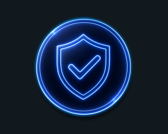 Ailgorith blue neon insurance agency icon with a shield and checkmark inside a glowing circular badge.