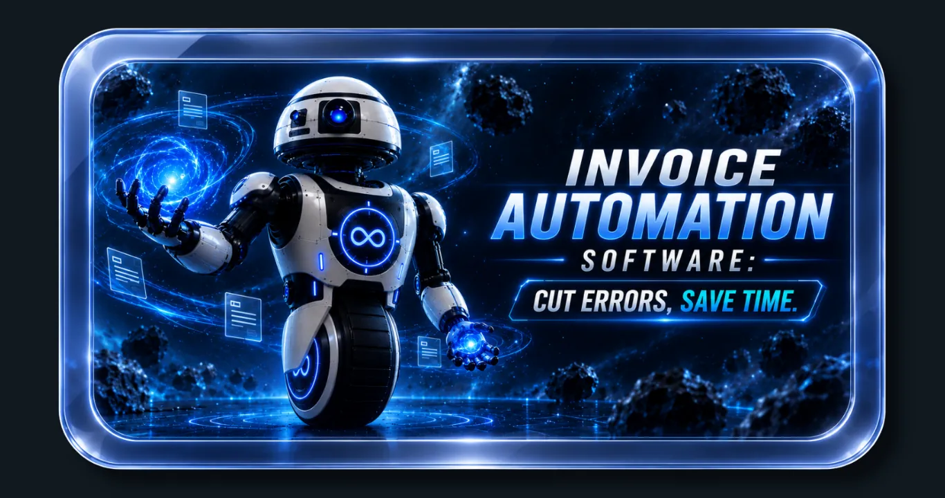 Invoice automation software hero image showing an AI robot processing invoices to cut errors and save time