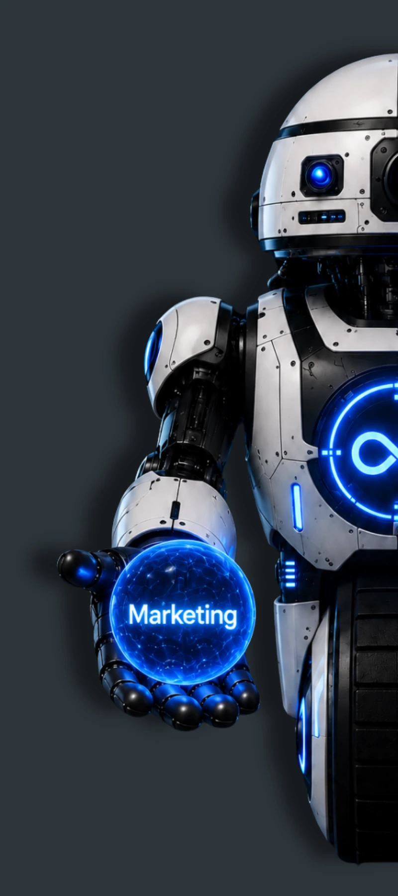 Ailgorith AI robot holding a glowing orb representing digital marketing strategy