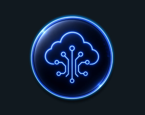 Ailgorith blue neon SaaS company icon featuring a cloud with connected circuit lines inside a glowing circular badge.